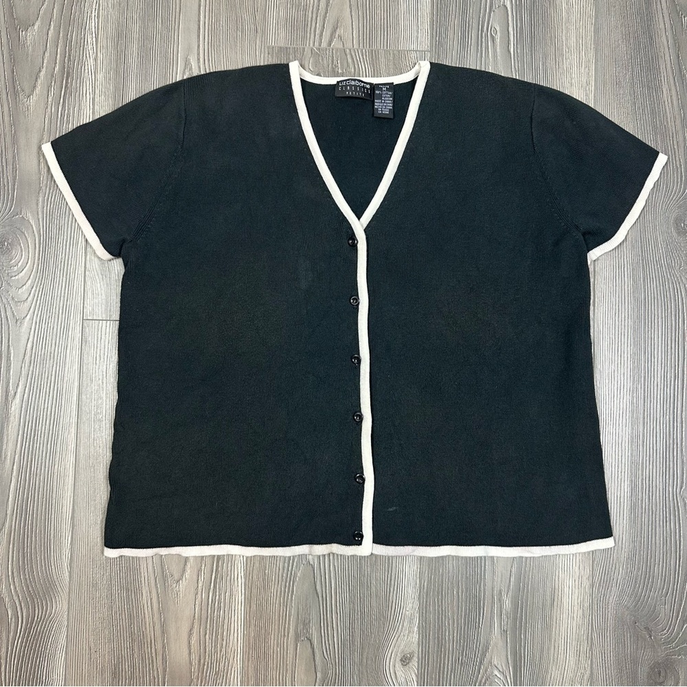 Liz Claiborne‎ Black Short Sleeve Knit Cardigan Cream Trim Size Petite Medium